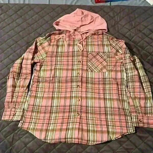 Womens Casual Hoodie Plaid Shirt Long Sleeve Button Down Boyfriend Shirts